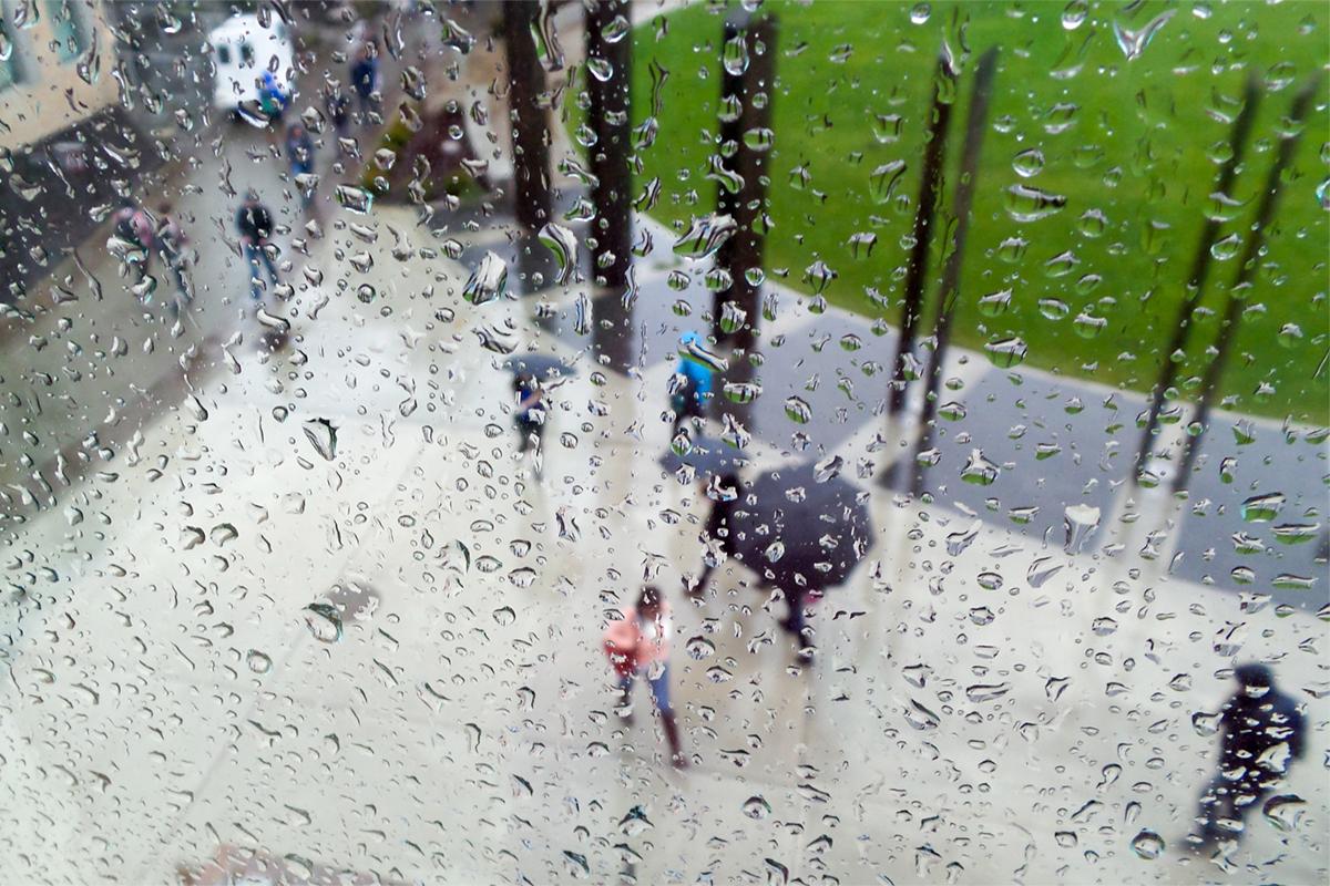 透过被雨水冲刷过的窗户鸟瞰学生们走过受托人广场, 有些人带着雨伞